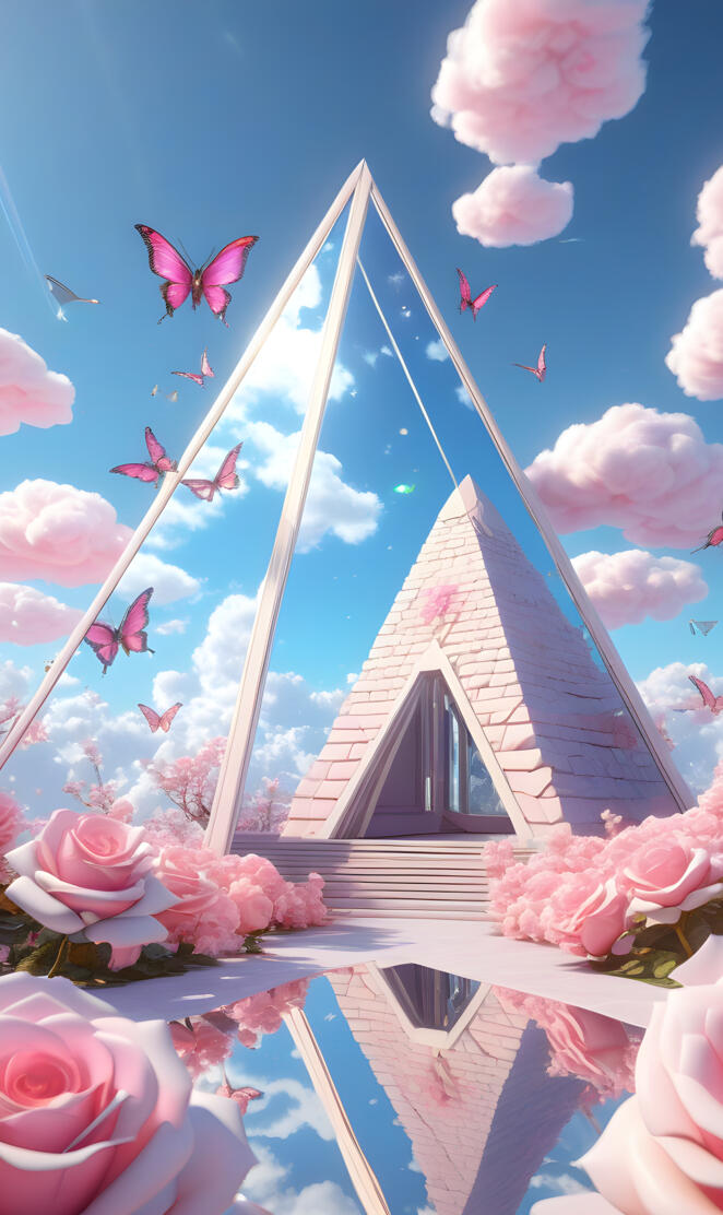 a house with pink flowers and a blue sky