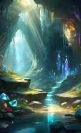 Mystical cave full of magic and crystals sparkling ,dancing in the sun