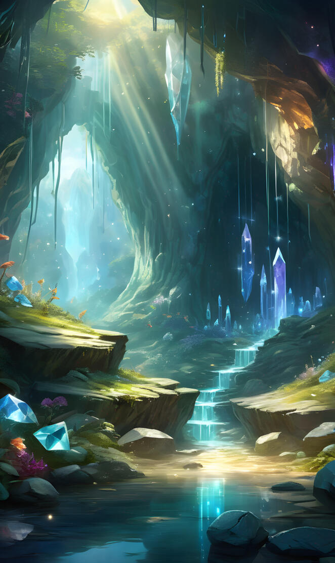 Mystical cave full of magic and crystals sparkling ,dancing in the sun