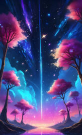 beautiful night sky with beam shooting right down the middle