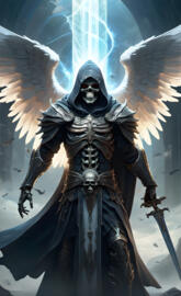A hooded angel with his wings spread open and a human skull in one han