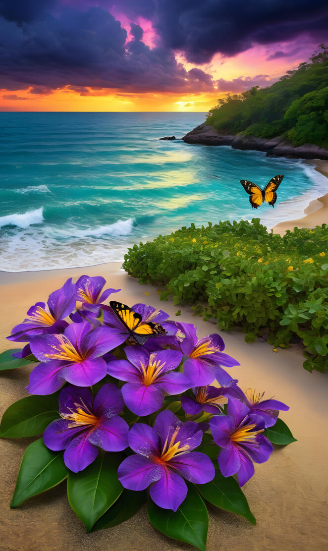 a beach with flowers and a boat