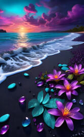a beach with flowers and water