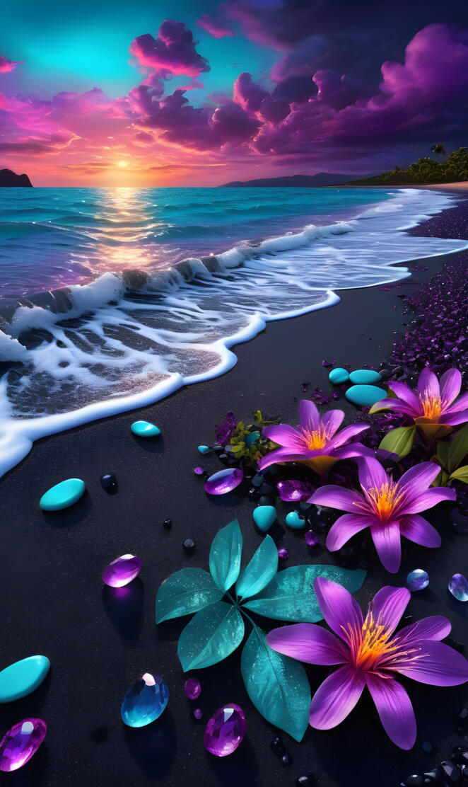 a beach with flowers and water