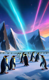 a group of penguins on ice with a rainbow in the background