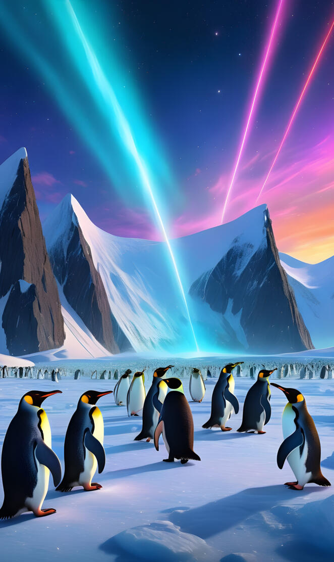 a group of penguins on ice with a rainbow in the background
