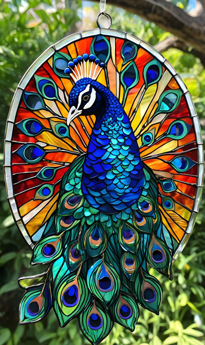 Peacock stained glass sun catcher