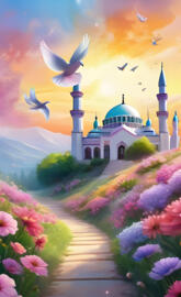 a mosque with a garden of flowers