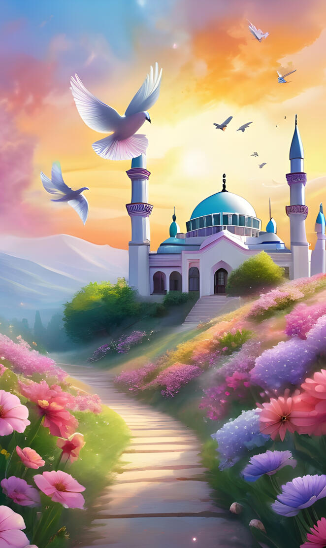a mosque with a garden of flowers