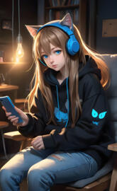 girl with hoodie, headphones and cellphone