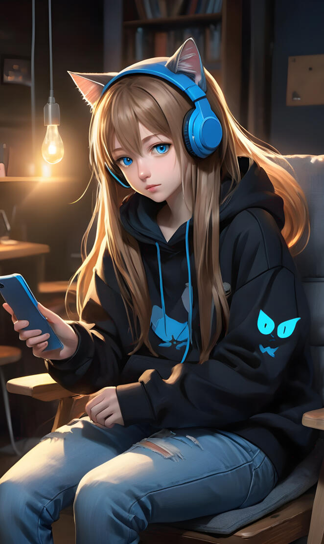 girl with hoodie, headphones and cellphone