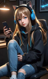 anime girl with hoodie, headphones and cellphone