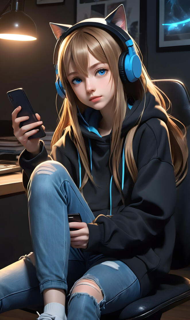 anime girl with hoodie, headphones and cellphone