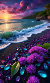 a beach with flowers and a body of water
