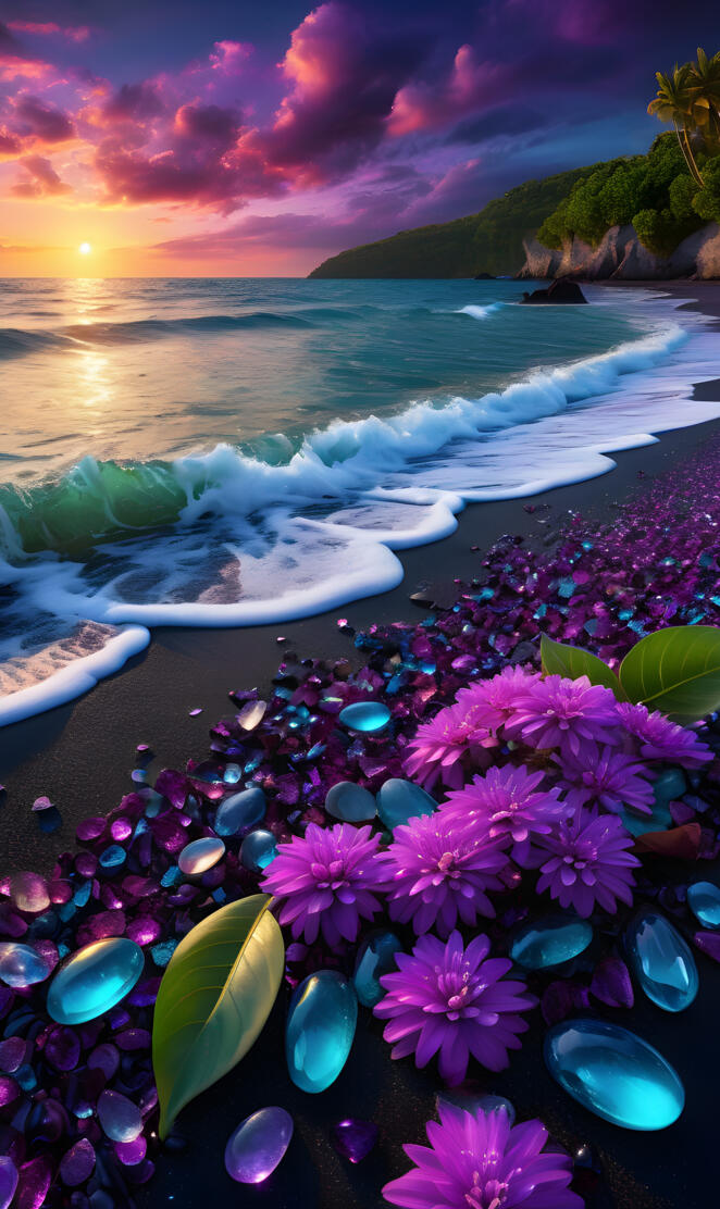 a beach with flowers and a body of water
