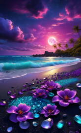 a beach with flowers and water