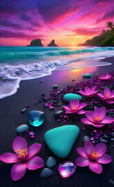 a beach with flowers and water