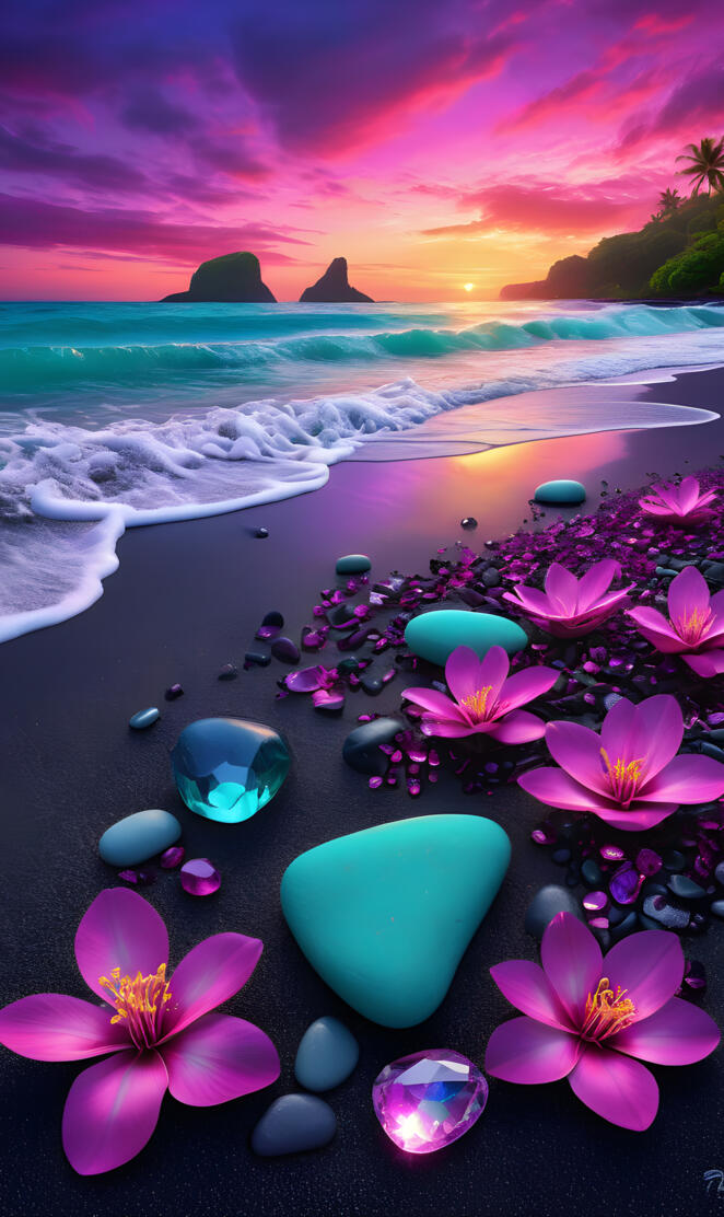 a beach with flowers and water