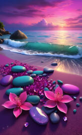 a beach with rocks and a flower