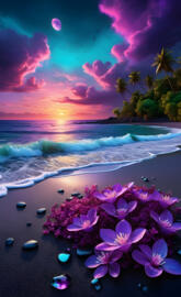 a beach with flowers and trees