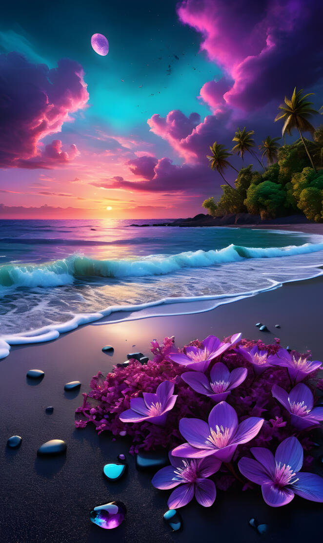 a beach with flowers and trees