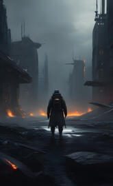 a person is standing in a apolacytic city