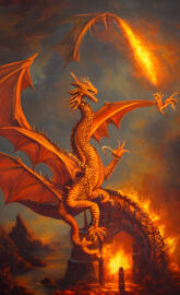 a dragon with wings and a fire in the background