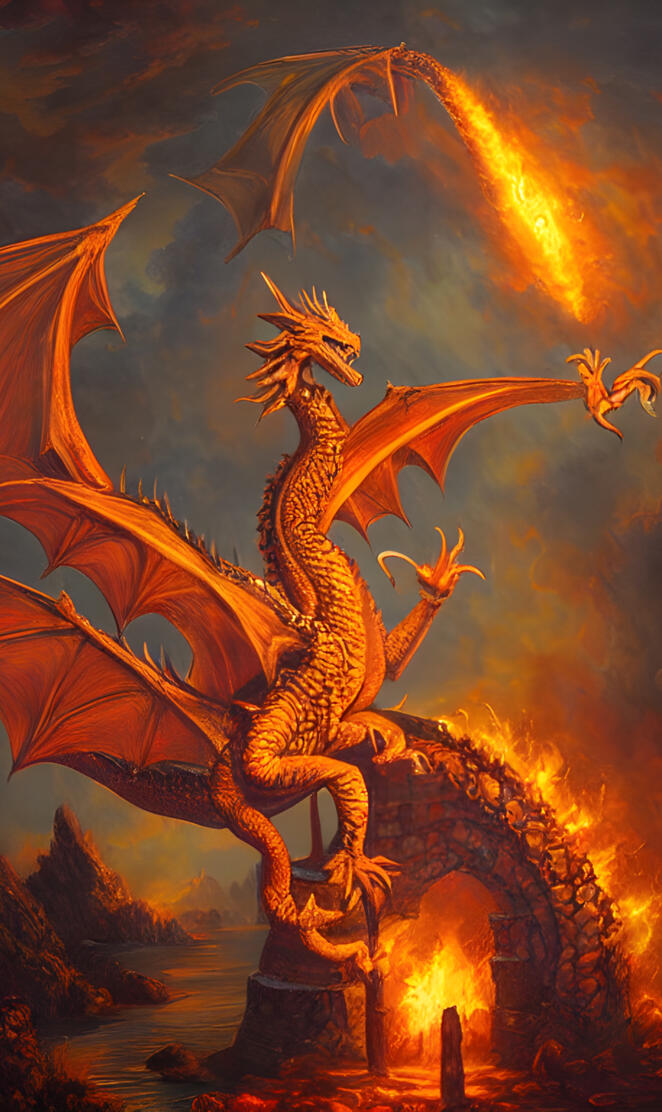 a dragon with wings and a fire in the background