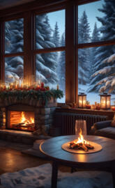 a fireplace with a table and a table with a candle on it