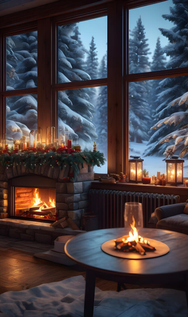 a fireplace with a table and a table with a candle on it