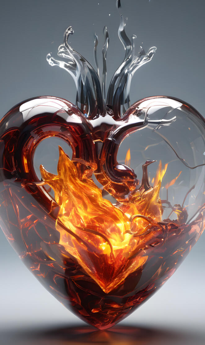 Glass heart on fire