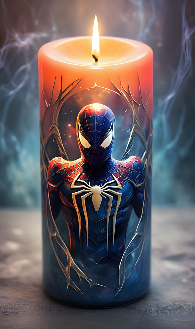 a candle with the image of Spiderman