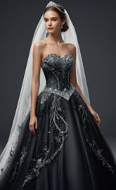 Crystal and bling black wedding dress strapless with veil