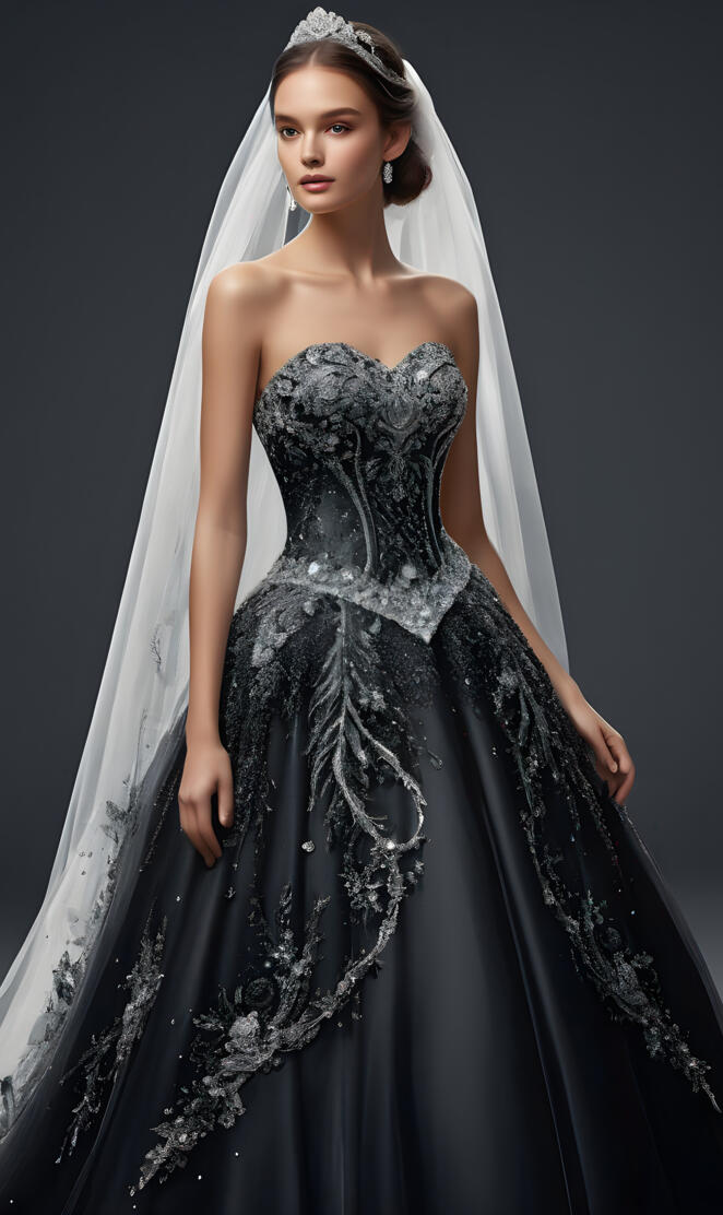 Crystal and bling black wedding dress strapless with veil