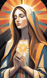 A stylized portrait drawing of colored tiles of Mary the mothe