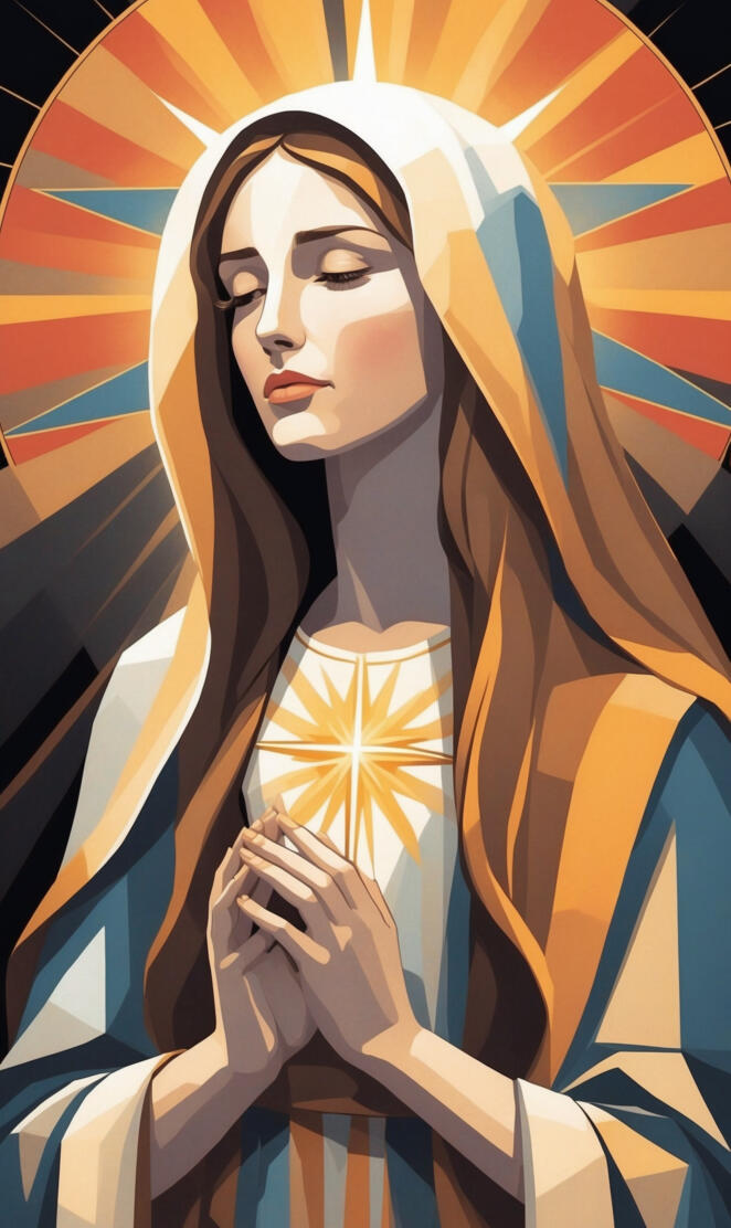 A stylized portrait drawing of colored tiles of Mary the mothe