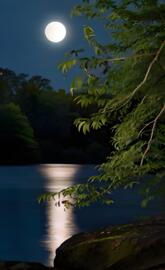 Nature's veil of foliage reveals the moon's radiant face, casting.