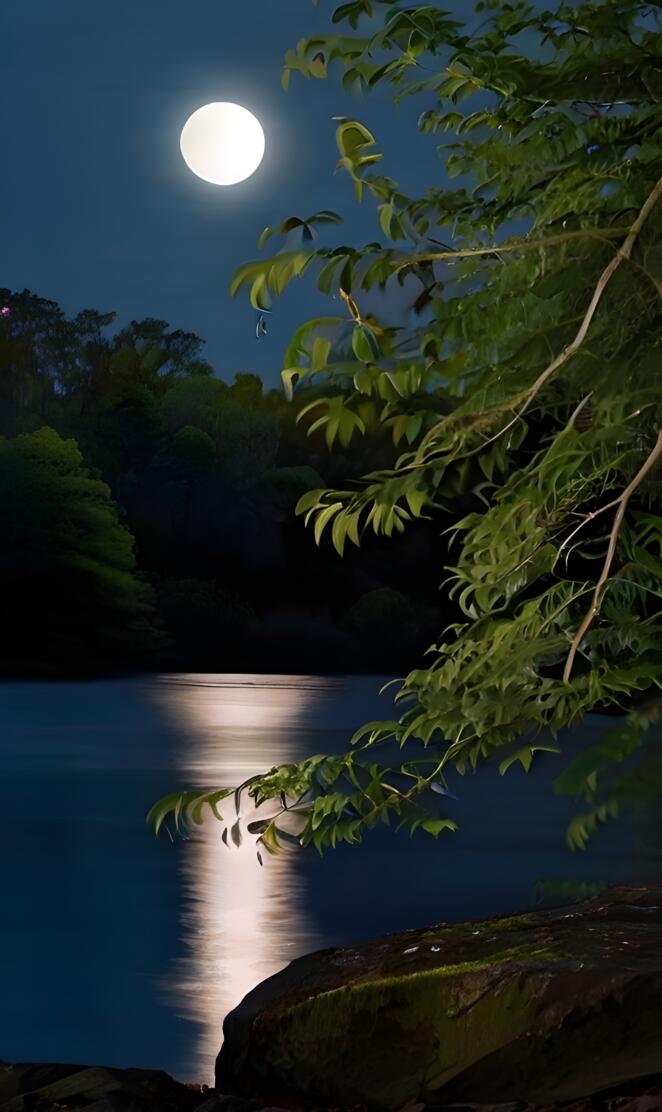 Nature's veil of foliage reveals the moon's radiant face, casting.