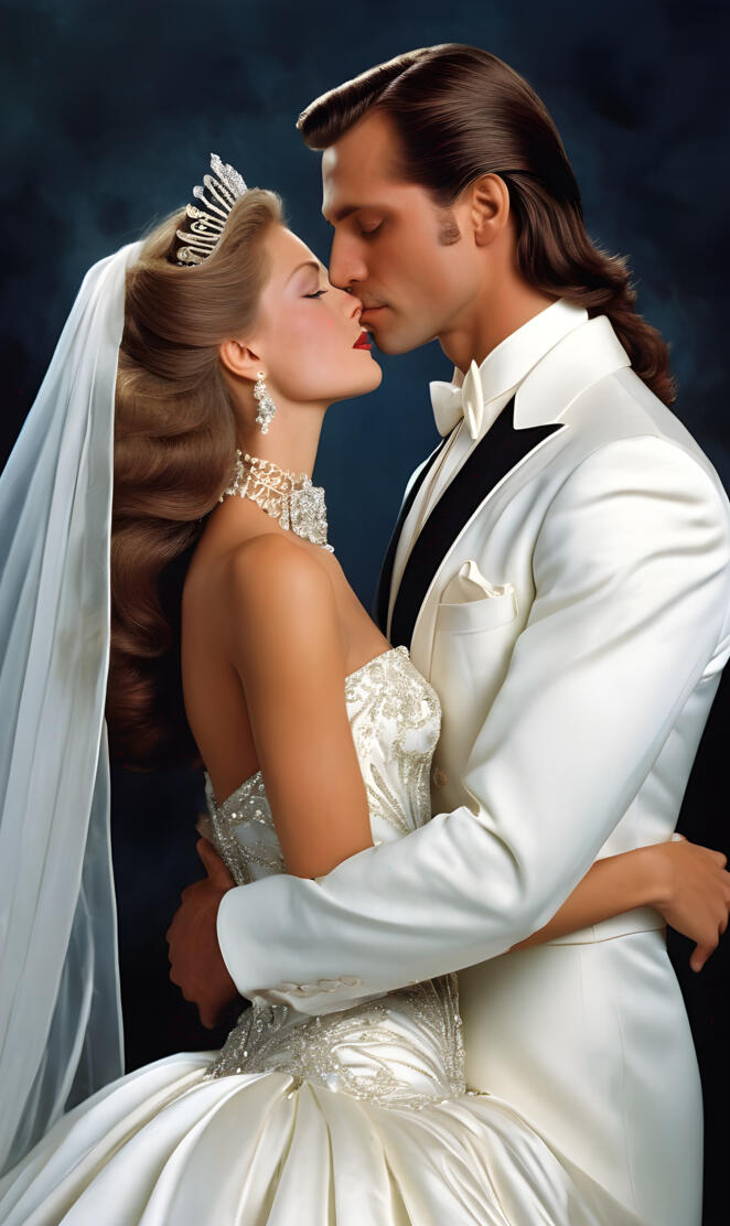 1980s king and queen, husband and wife, man and woman, wedding, lovers