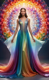 In a kaleidoscopic realm, a mesmerizing woman stands at the threshold