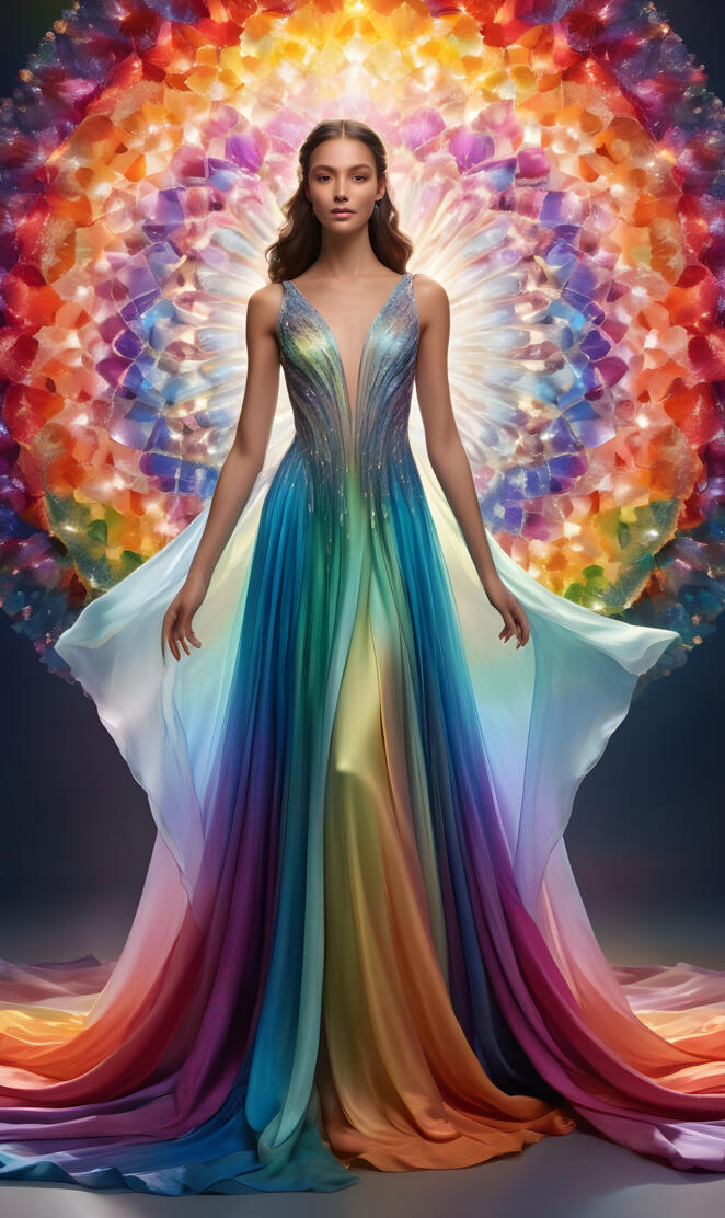 In a kaleidoscopic realm, a mesmerizing woman stands at the threshold