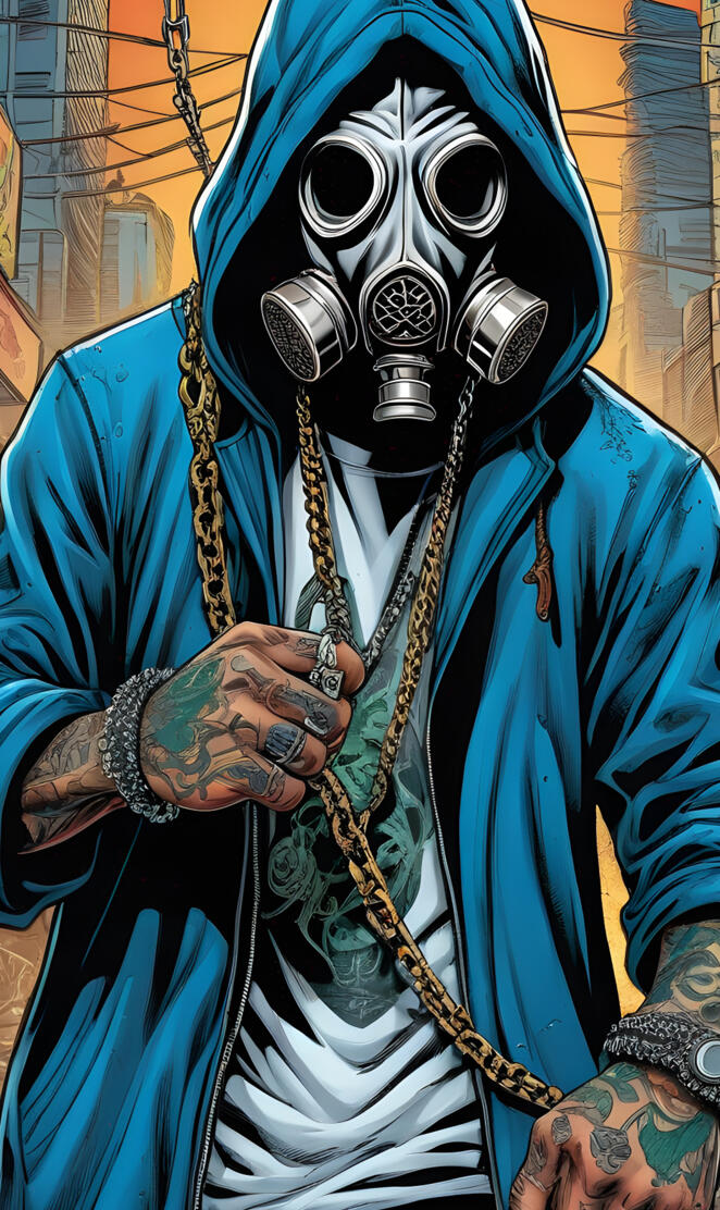 Gas Mask With Hood And Hand Tattoos