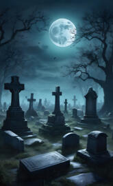 a cemetery with a moon in the sky