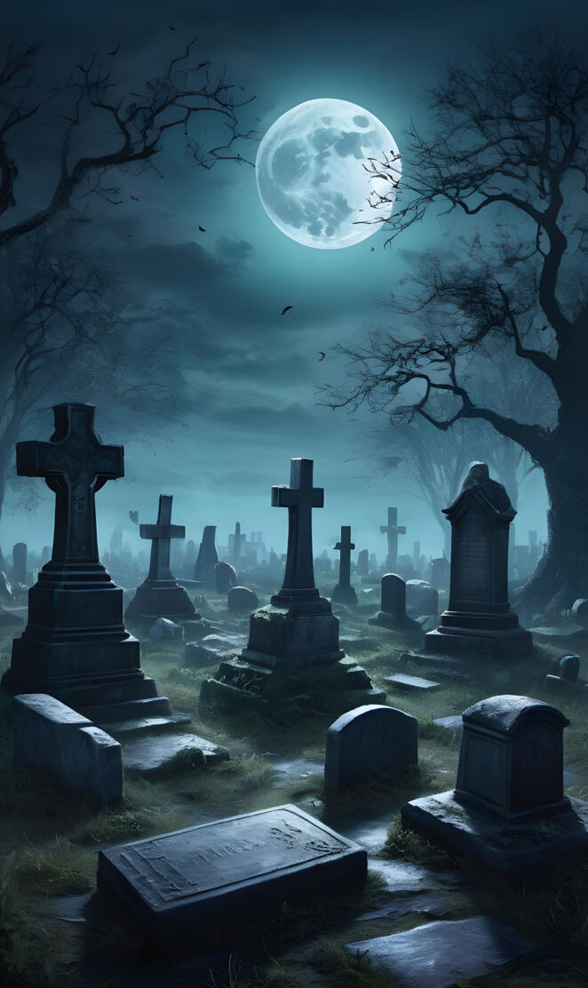 a cemetery with a moon in the sky