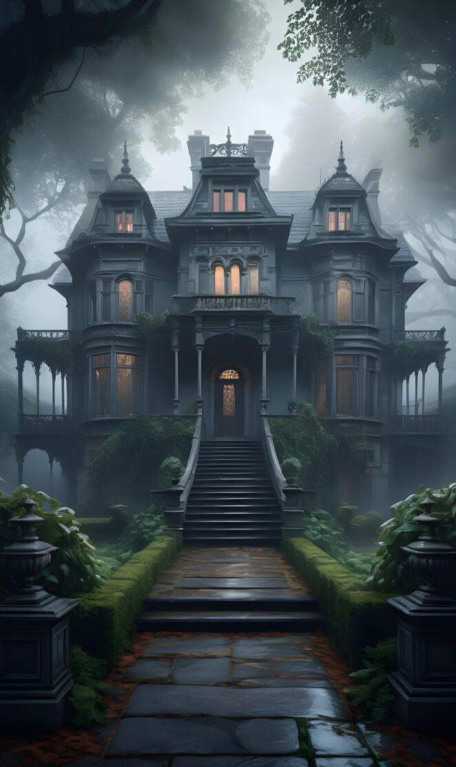 Victorian mansion in fog