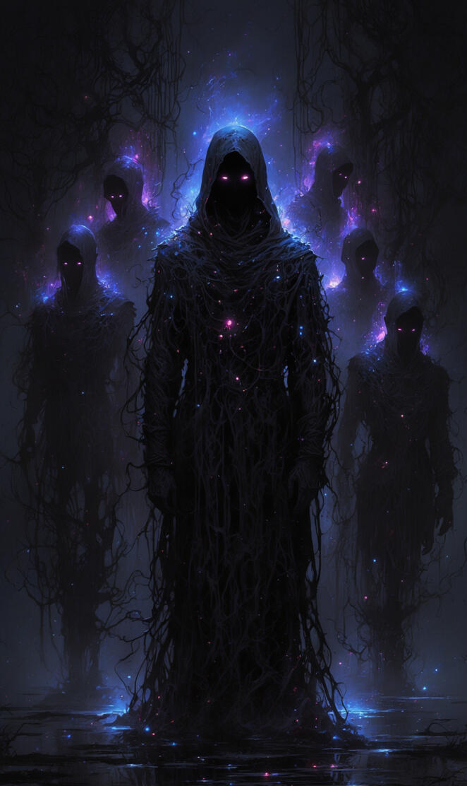 In the enigmatic neon-noir quantum realm, a spectral figure shrouded