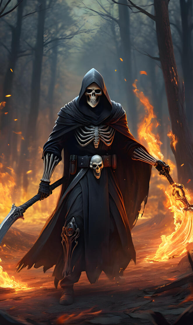 a person in a garment with a sword and shield in the woods