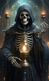 a skeleton wearing a cloak