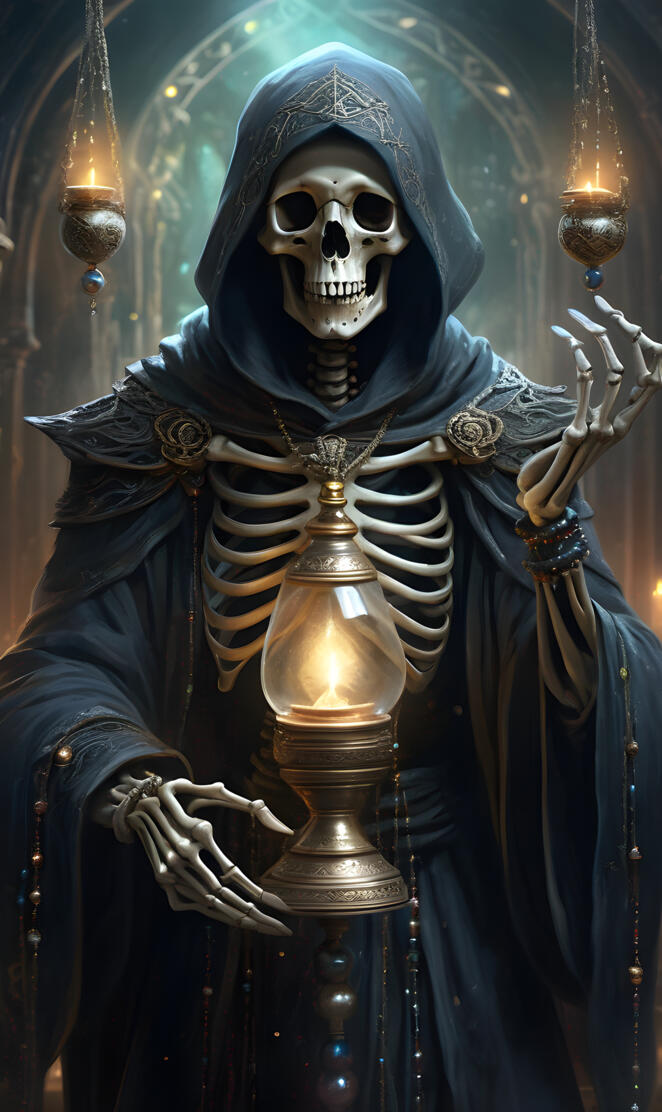 a skeleton wearing a cloak
