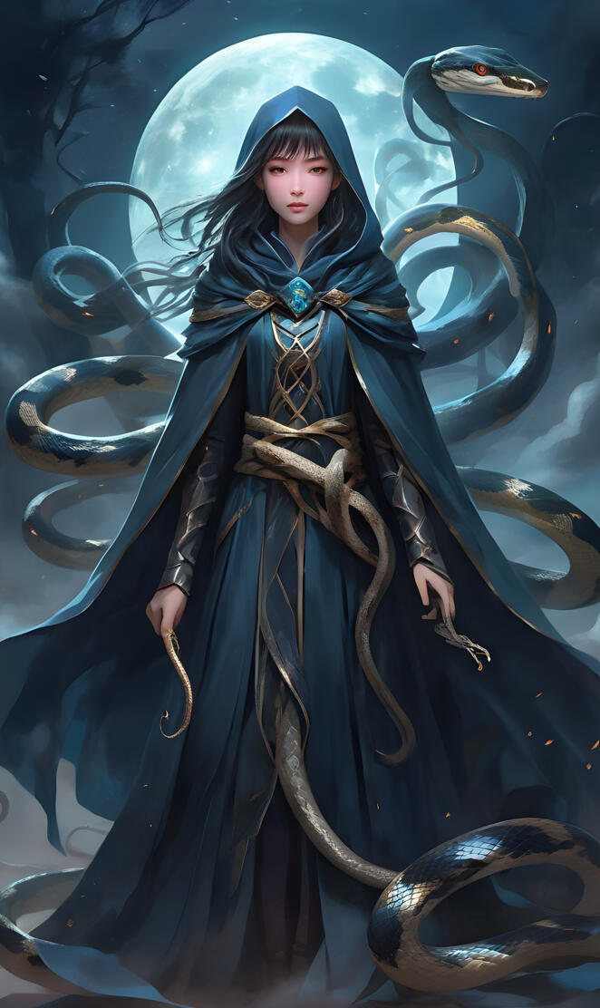 anime girl in cloak with snakes